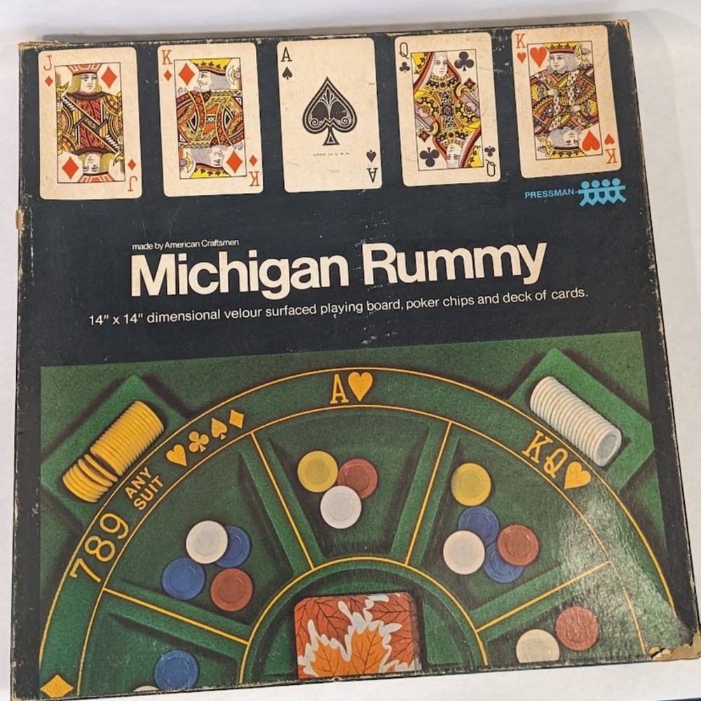 Vtg Pressman Michigan Rummy Board Game Velour Board Poker Chips Cards Complete